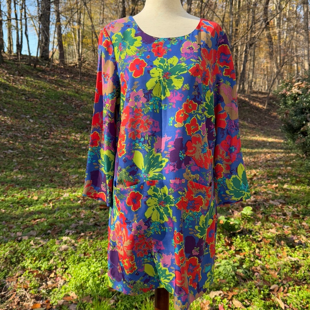 COPY - J. Crew Factory Colorful Floral Scoop Neck Shift Dress Pockets 3/4 Sleev…